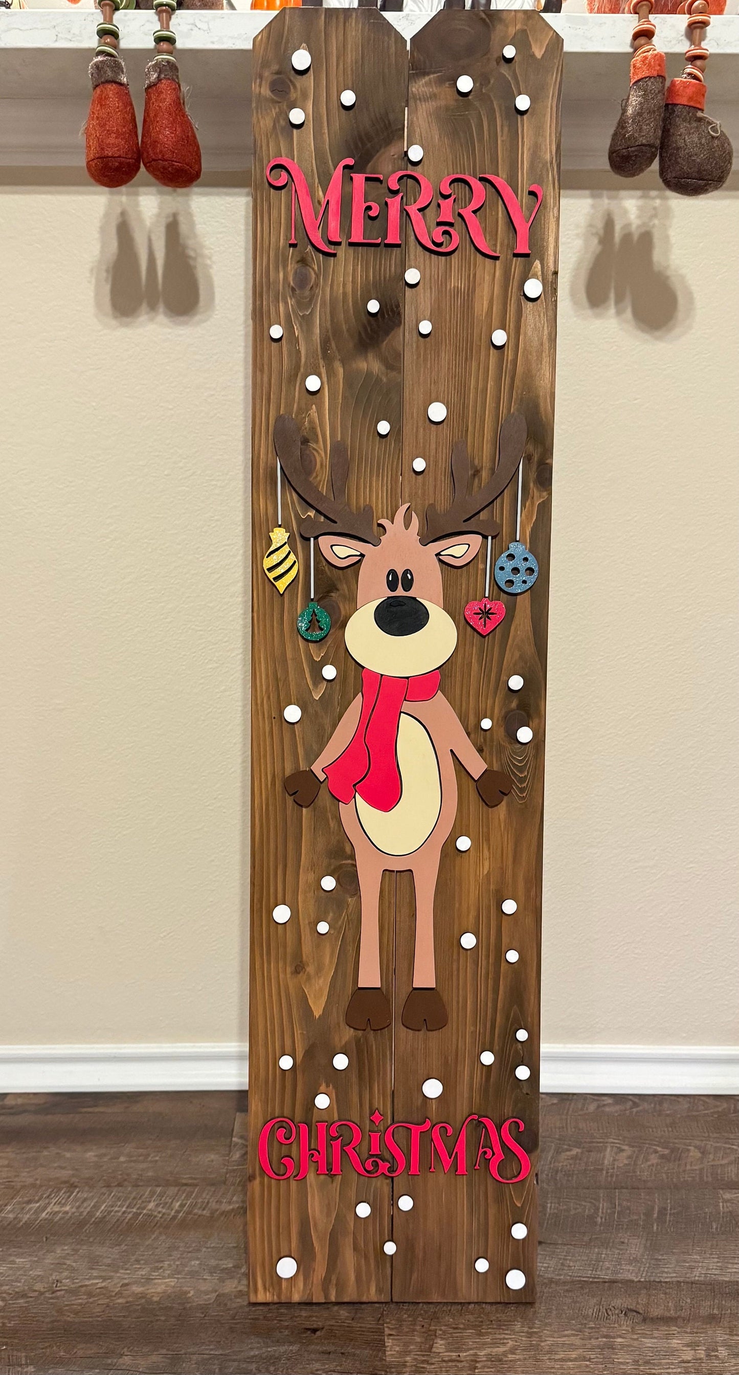 Reindeer with ornaments Porch Entry Sign - 45" Picket Decor for Christmas. Tall welcome entry sign to celebrate the holidays