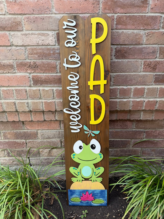 Welcome to Our Pad Frog Porch Leaner Sign - 45 Inch Personalized Cedar Welcome Sign