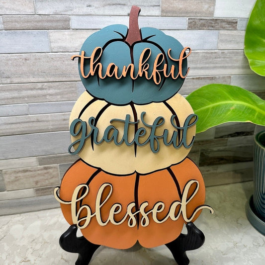 Handmade Pumpkin Sign - Thankful, Grateful & Blessed - Fall Home Decor Accent Crafted with Love. Perfect for kitchen, entryway, or any wall.